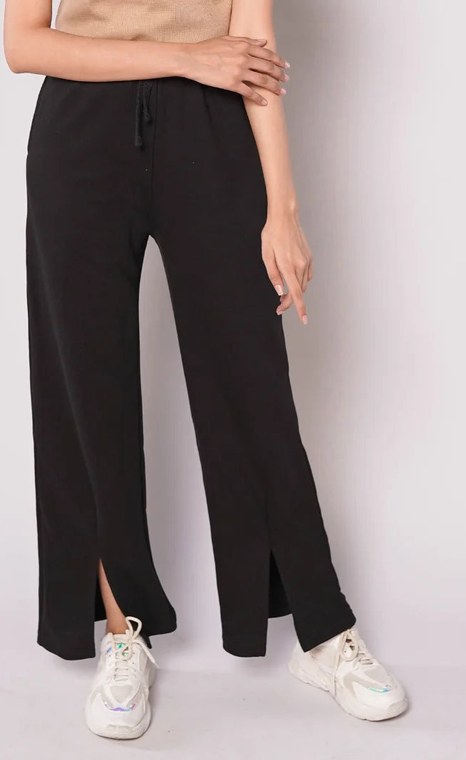 D600 - Black Wide Leg Slit Trousers