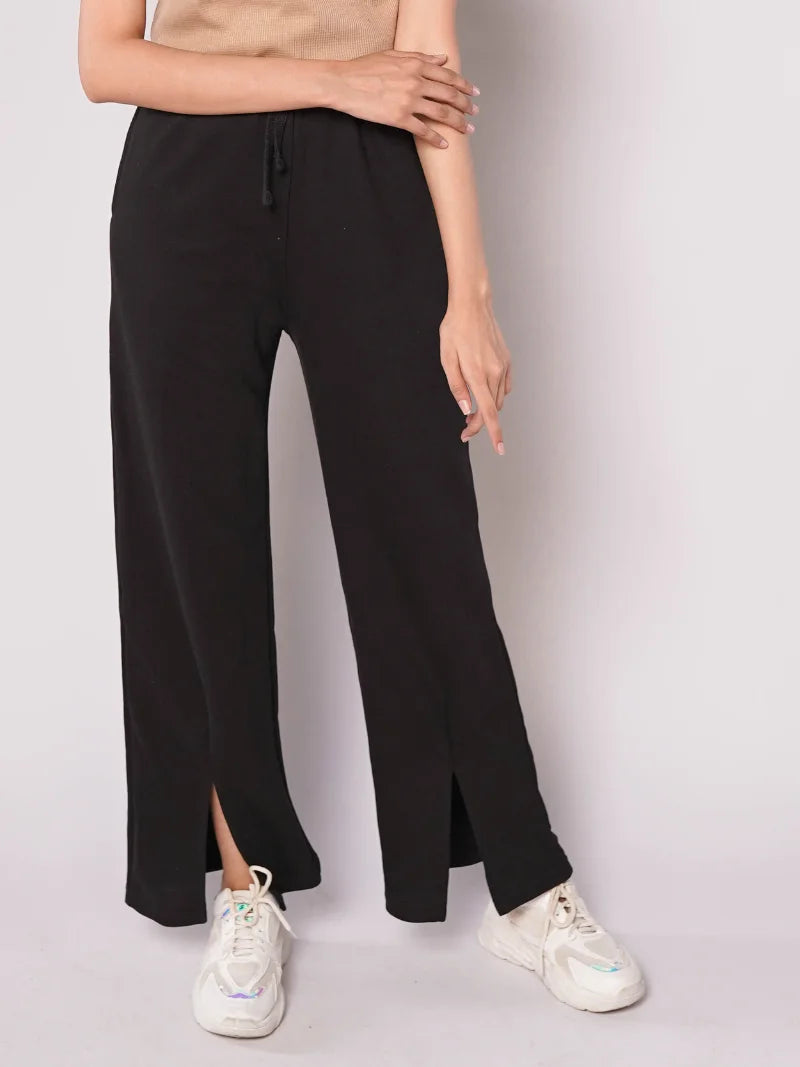 D600 - Black Wide Leg Slit Trousers