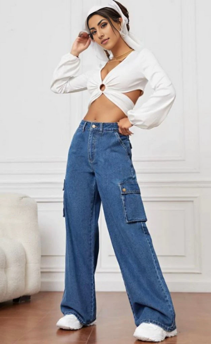 High Rise Wide Leg Cargo Jeans