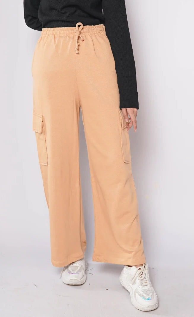 D600 - Light Brown Wide Leg Cargo Trousers