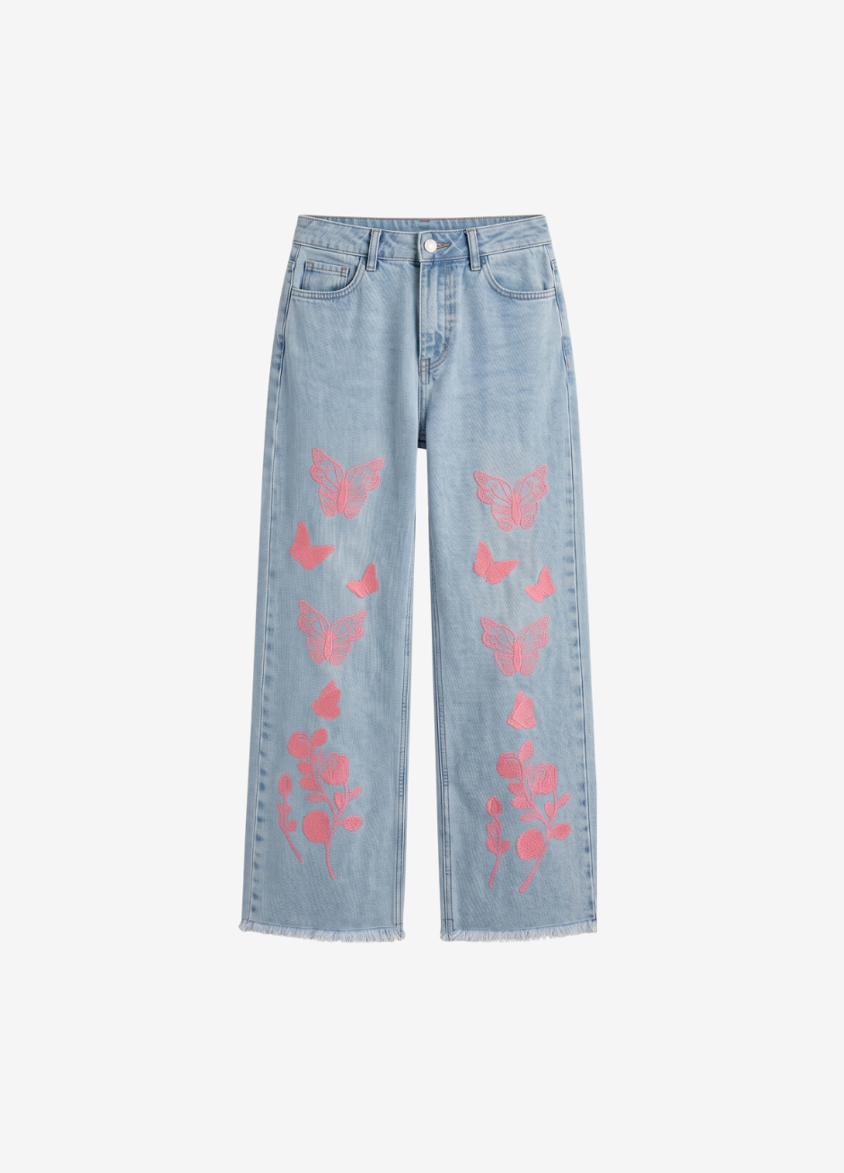 Wide-Leg Frayed Hem Jeans - Butterfly Print