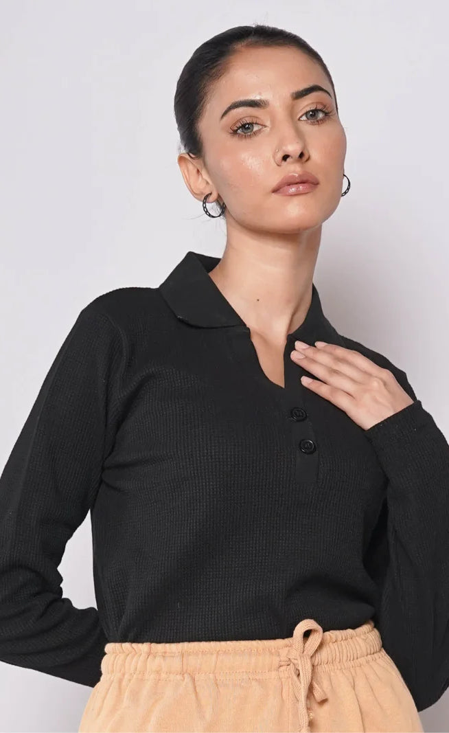 Johnny Collar Button Ribbed Knit Polo - Black (Full Sleeves)