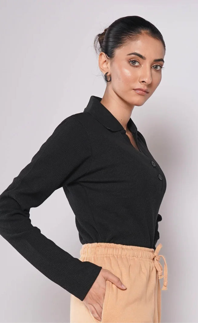 Johnny Collar Button Ribbed Knit Polo - Black (Full Sleeves)