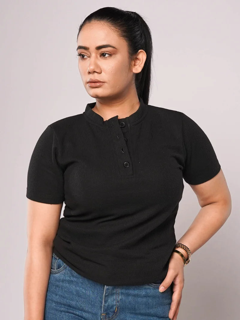 Band Collar Button Ribbed Knit TEE - Black (Short Sleeves)