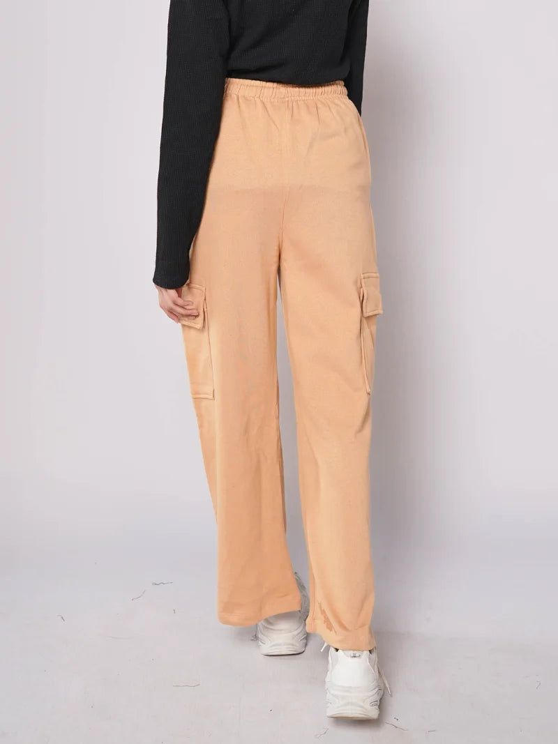 D600 - Light Brown Wide Leg Cargo Trousers