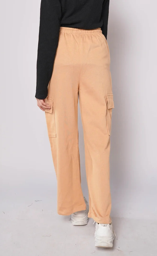 D600 - Light Brown Wide Leg Cargo Trousers