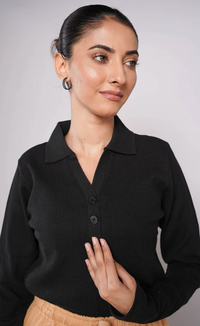 Johnny Collar Button Ribbed Knit Polo - Black (Full Sleeves)