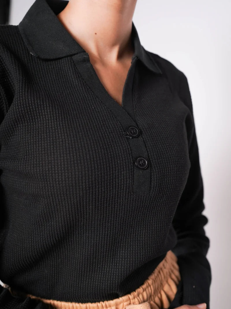 Johnny Collar Button Ribbed Knit Polo - Black (Full Sleeves)