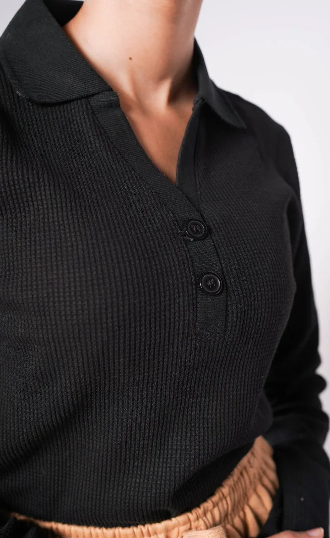 Johnny Collar Button Ribbed Knit Polo - Black (Full Sleeves)