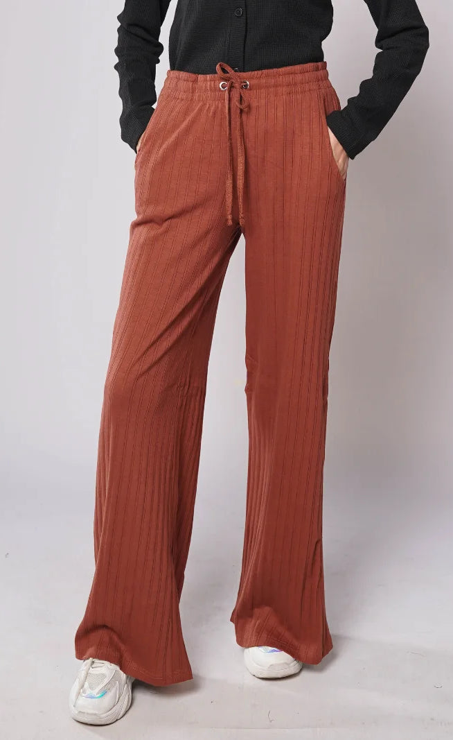 D600 - Earthy Red Wide Leg Striped Trousers