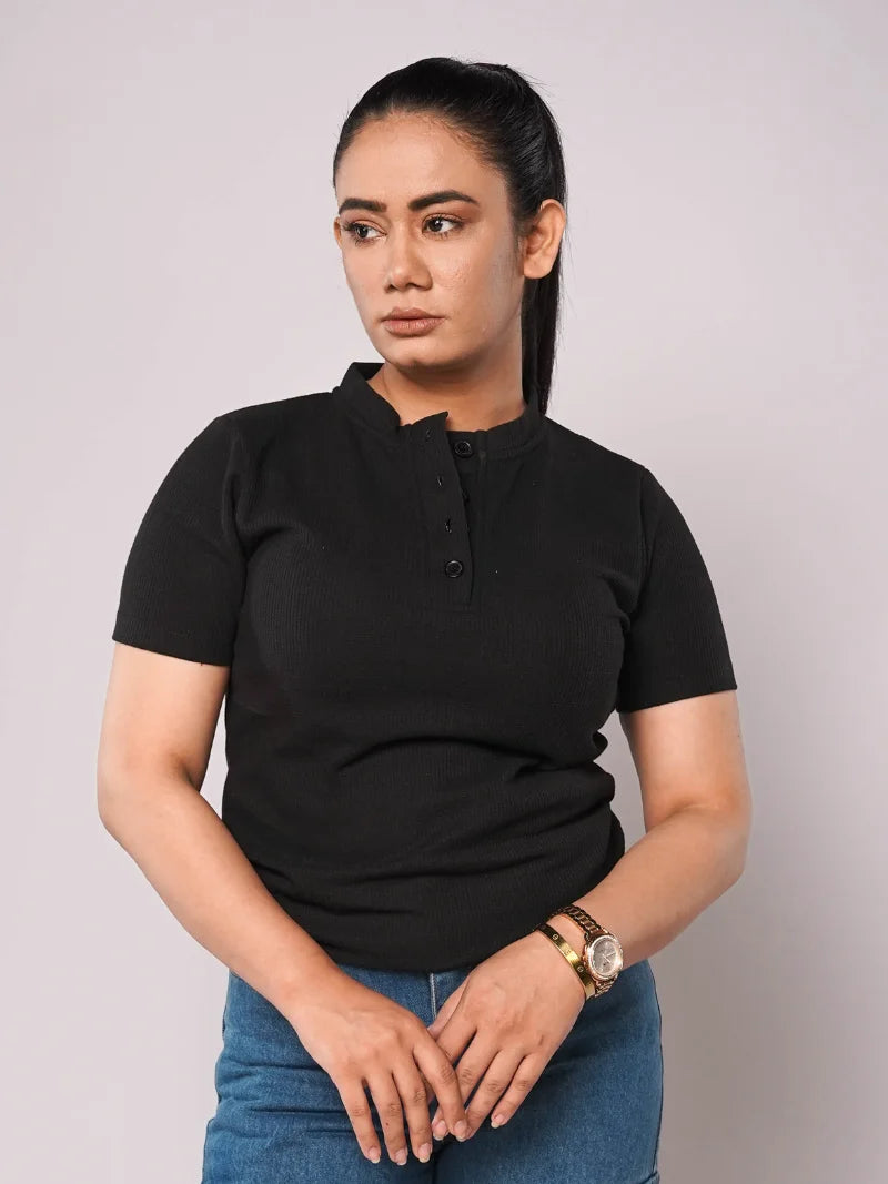 Band Collar Button Ribbed Knit TEE - Black (Short Sleeves)