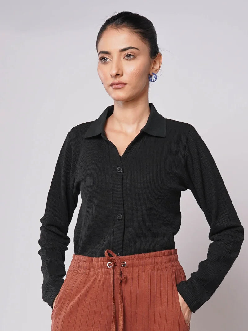 Button Up Ribbed Knit Shirt - Black (Full Sleeves)