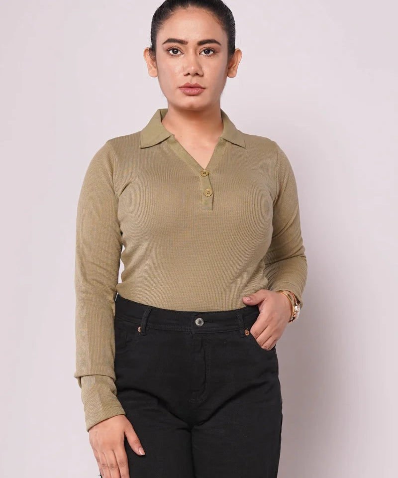 Johnny Collar Button Ribbed Knit Polo - Olive (Full Sleeves)