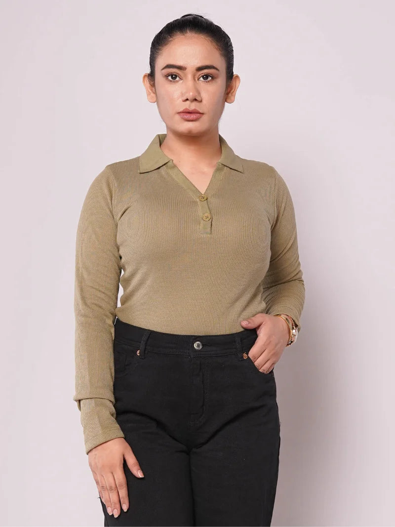 Johnny Collar Button Ribbed Knit Polo - Olive (Full Sleeves)