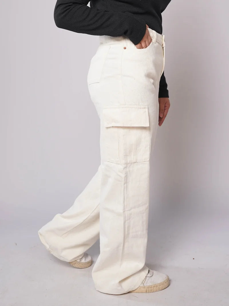 Zara Wide Leg Cargo Jeans - White