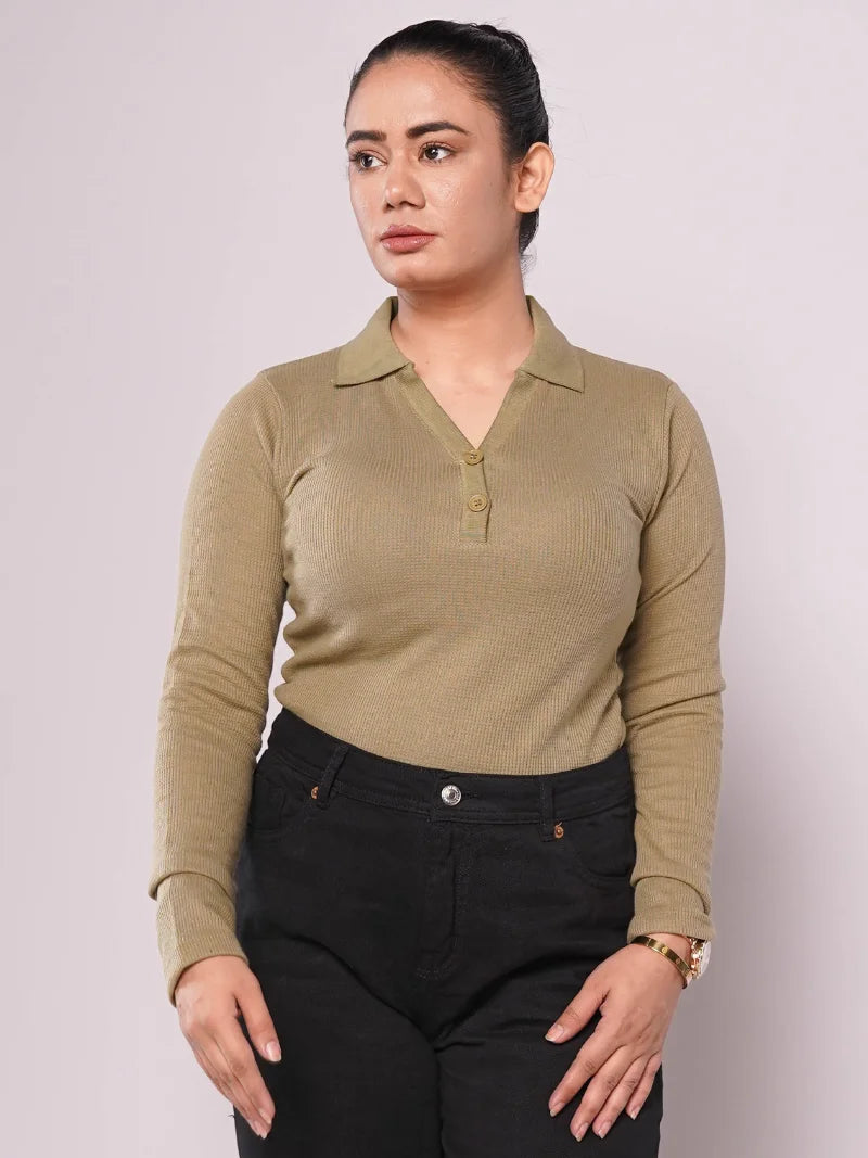 Johnny Collar Button Ribbed Knit Polo - Olive (Full Sleeves)