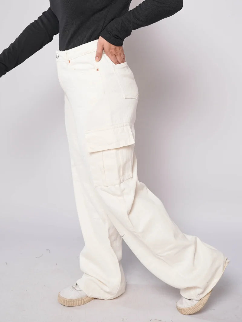 Zara Wide Leg Cargo Jeans - White