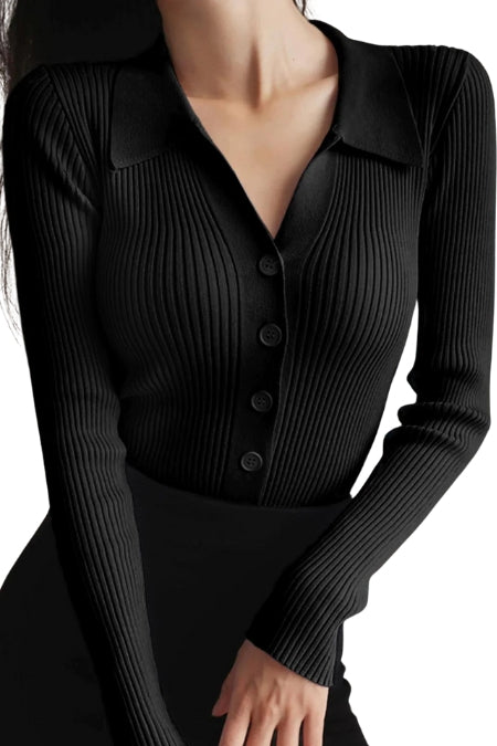 D600 V Neck Knit Shirt - Black - (Full Sleeves)