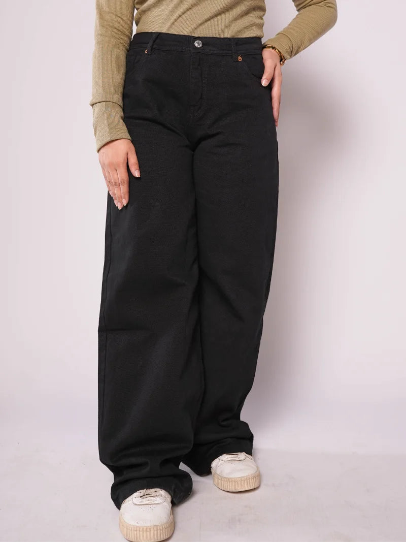 D600 - Pitch Black High Waist Wide Leg Jeans