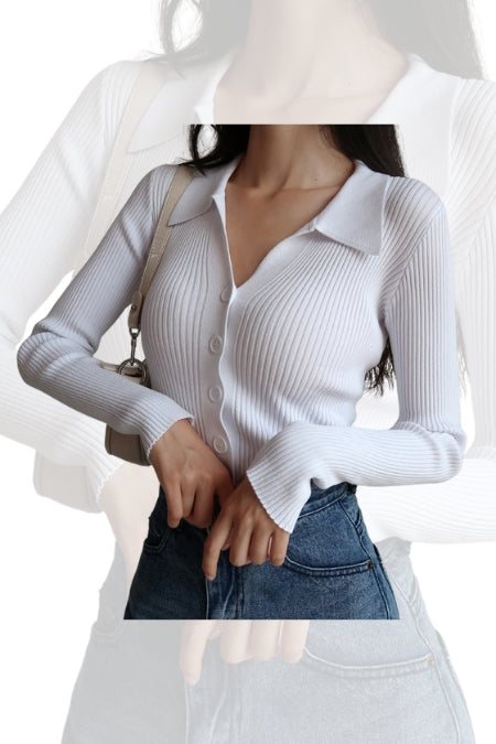 D600 V Neck Knit Shirt - White - (Summer Perfect)