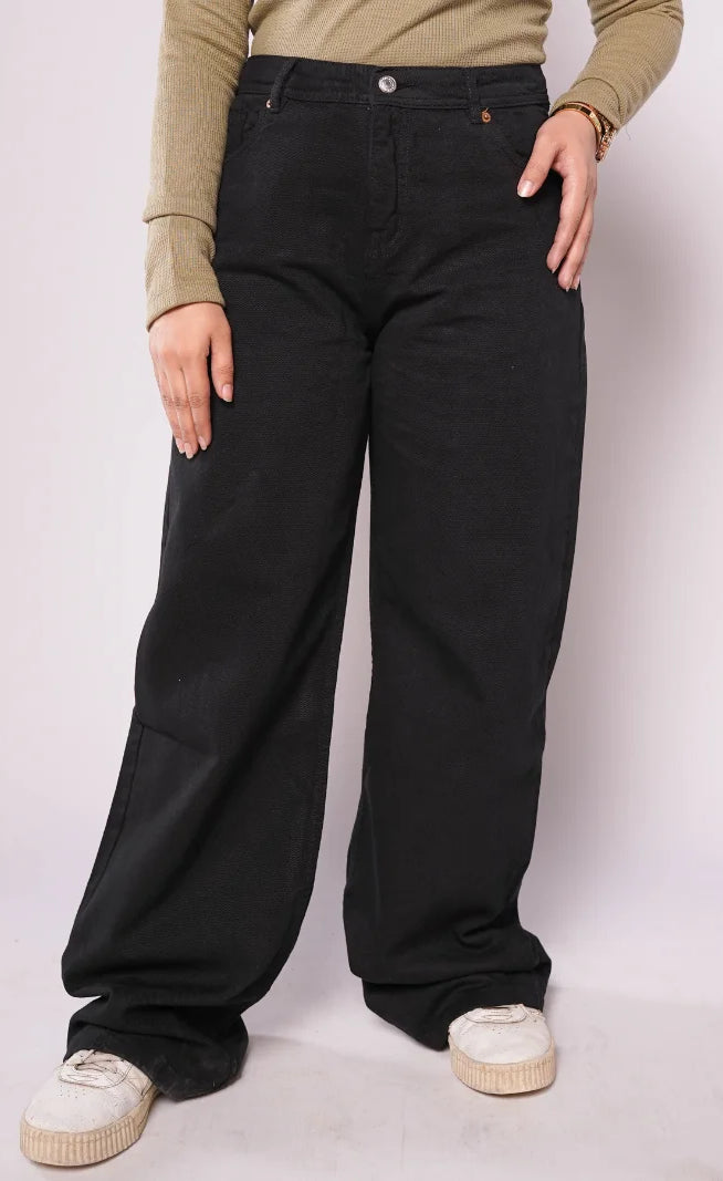 D600 - Pitch Black High Waist Wide Leg Jeans