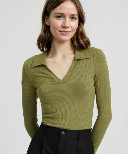 D600 V-Neck Button Ribb Knit Polo - Olive - (Full Sleeves)