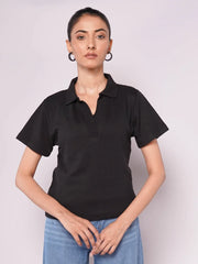 Johnny Collar Ribbed Knit Polo - Black (Short Sleeves)