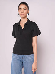 Johnny Collar Ribbed Knit Polo - Black (Short Sleeves)