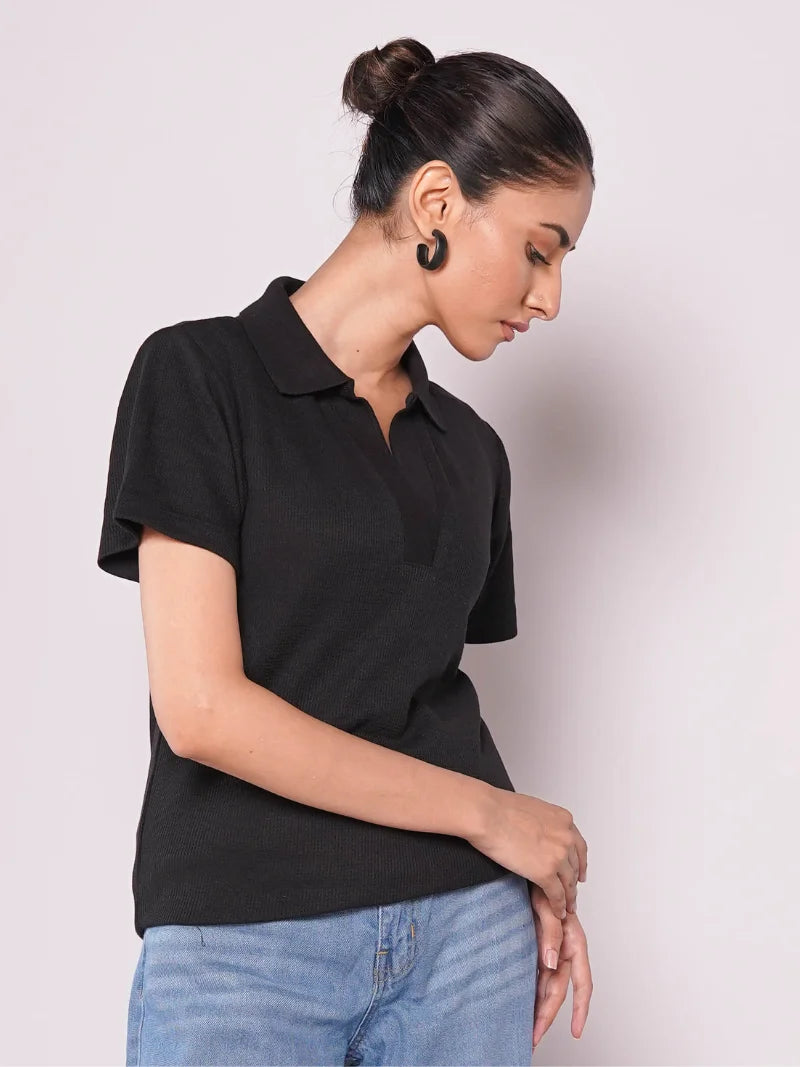 Johnny Collar Ribbed Knit Polo - Black (Short Sleeves)