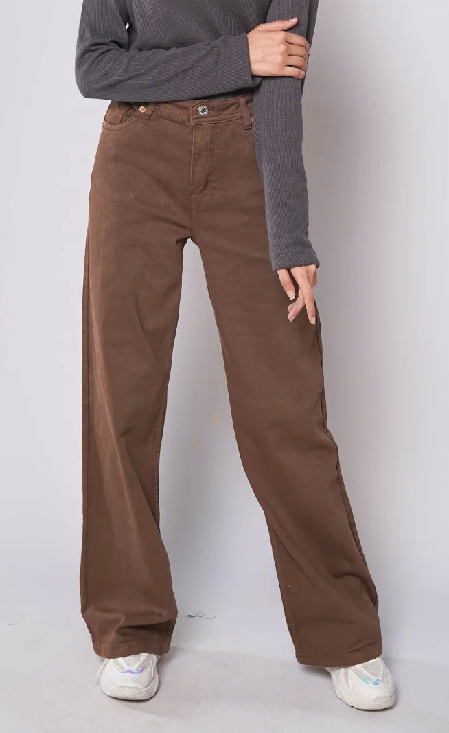 D600 - Brown High Waist Wide Leg Jeans