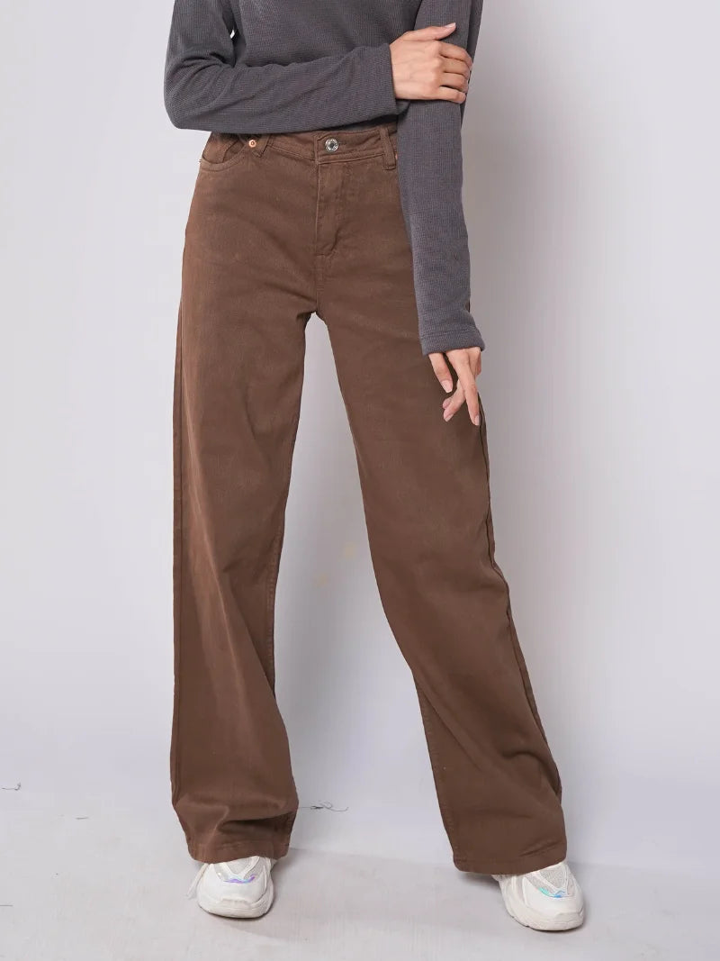 D600 - Brown High Waist Wide Leg Jeans