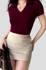 D600 Down Collar Ribbed Knit Polo Tee - Maroon - (Short Sleeves)