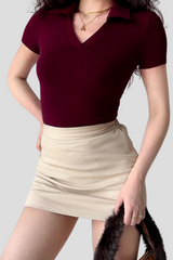 D600 Down Collar Ribbed Knit Polo Tee - Maroon - (Short Sleeves)