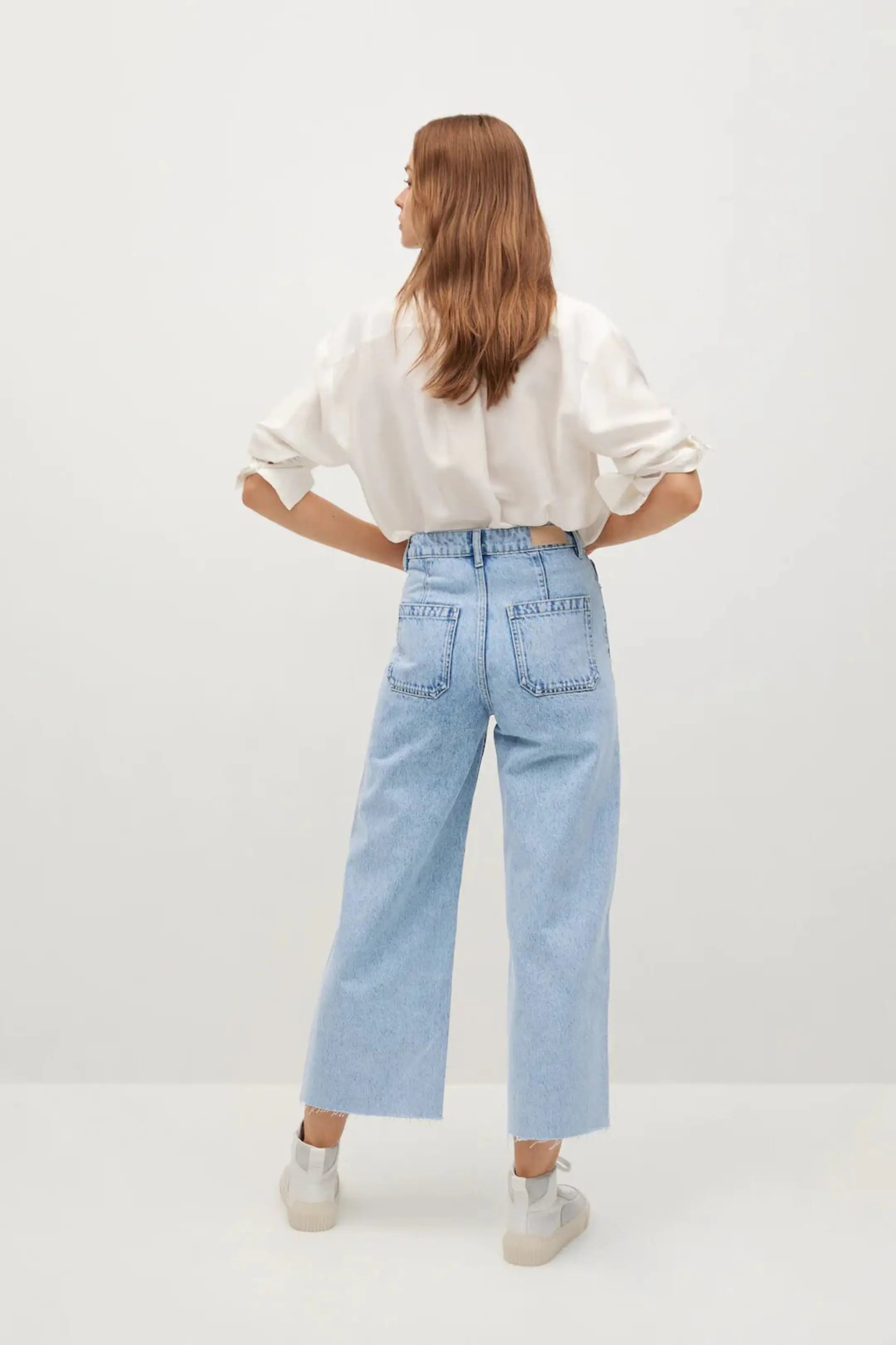 MNG High Rise Frayed Hem Wide Leg Jeans