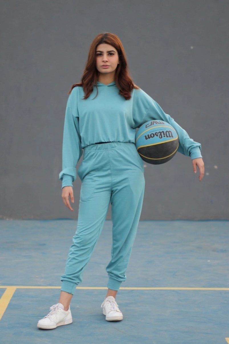Hooded Crop Sweatshirt - Turquoise (MINOR FAULT)