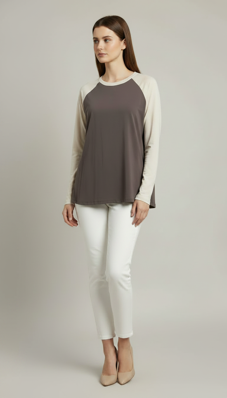 Contrast Raglan Sleeve Top | Brown/Beige