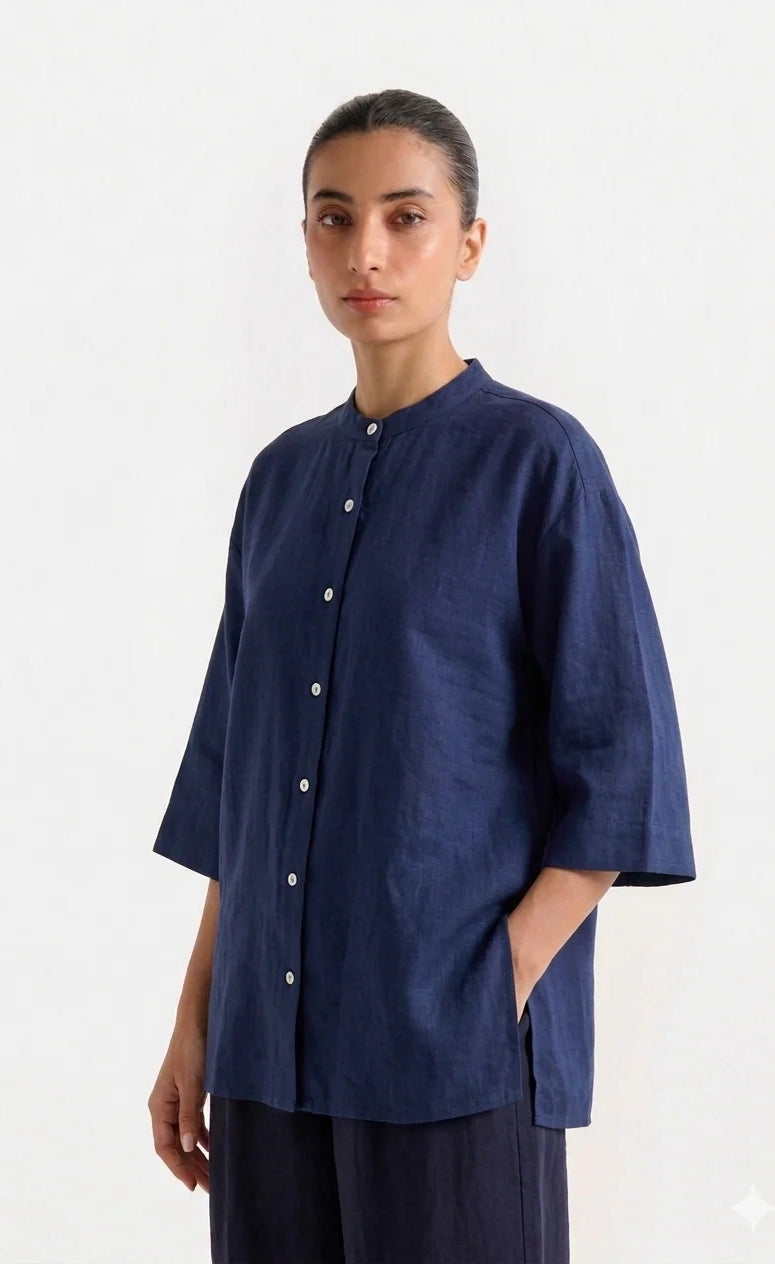 Band Collar Relaxed Fit Shirt - Navy Blue