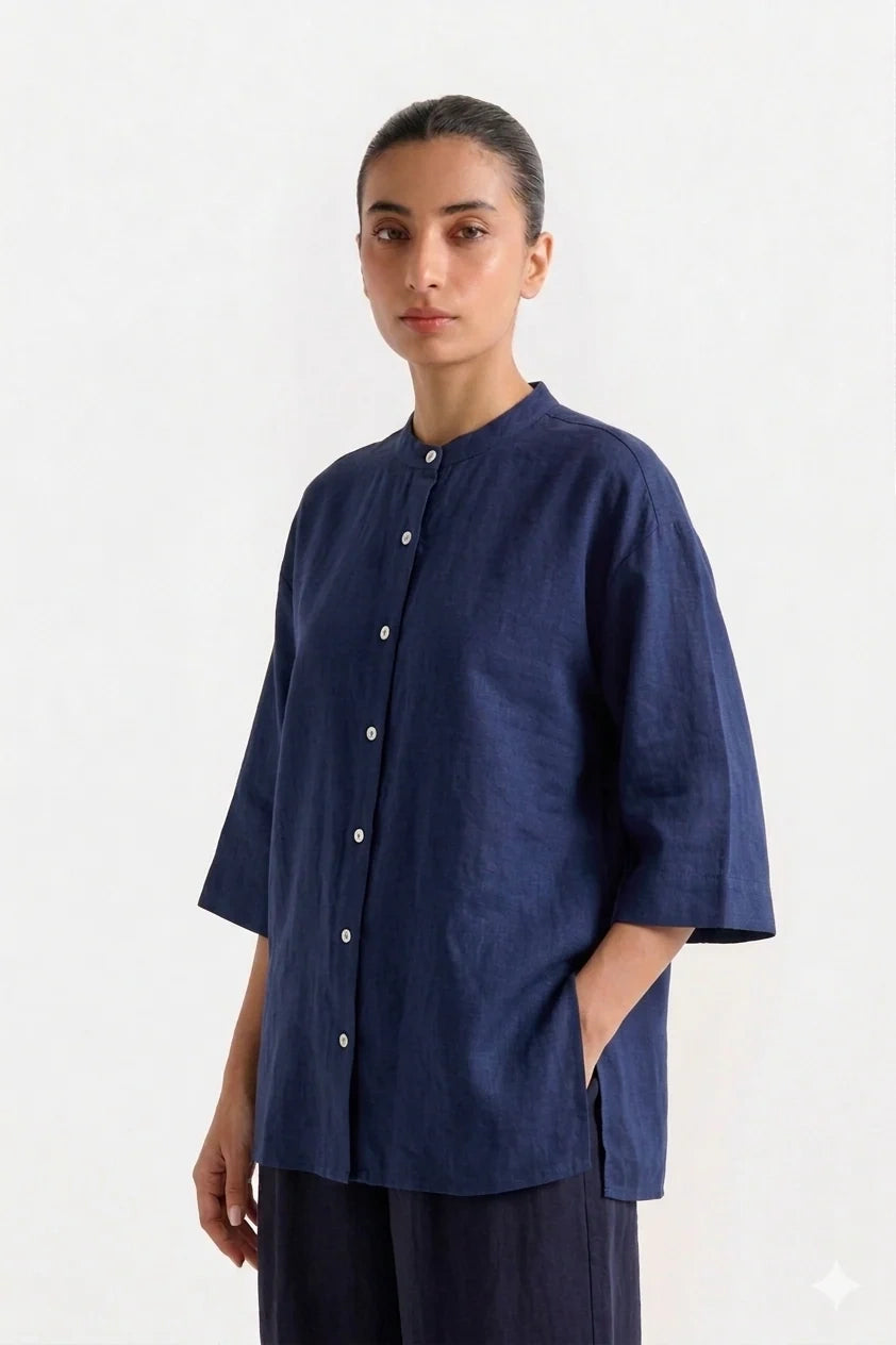 Band Collar Relaxed Fit Shirt - Navy Blue