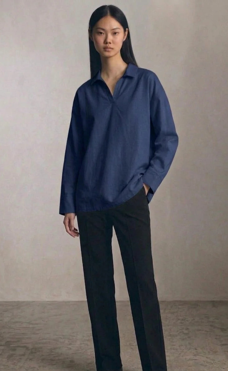Oversized V-Neck Collar Shirt - Navy Blue