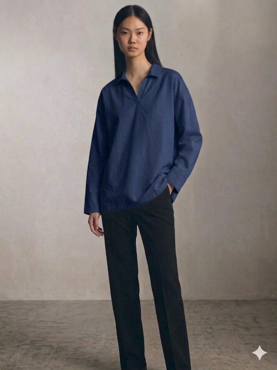 Oversized V-Neck Collar Shirt - Navy Blue