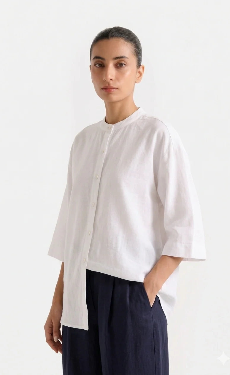 Band Collar Relaxed Fit Shirt - Off White