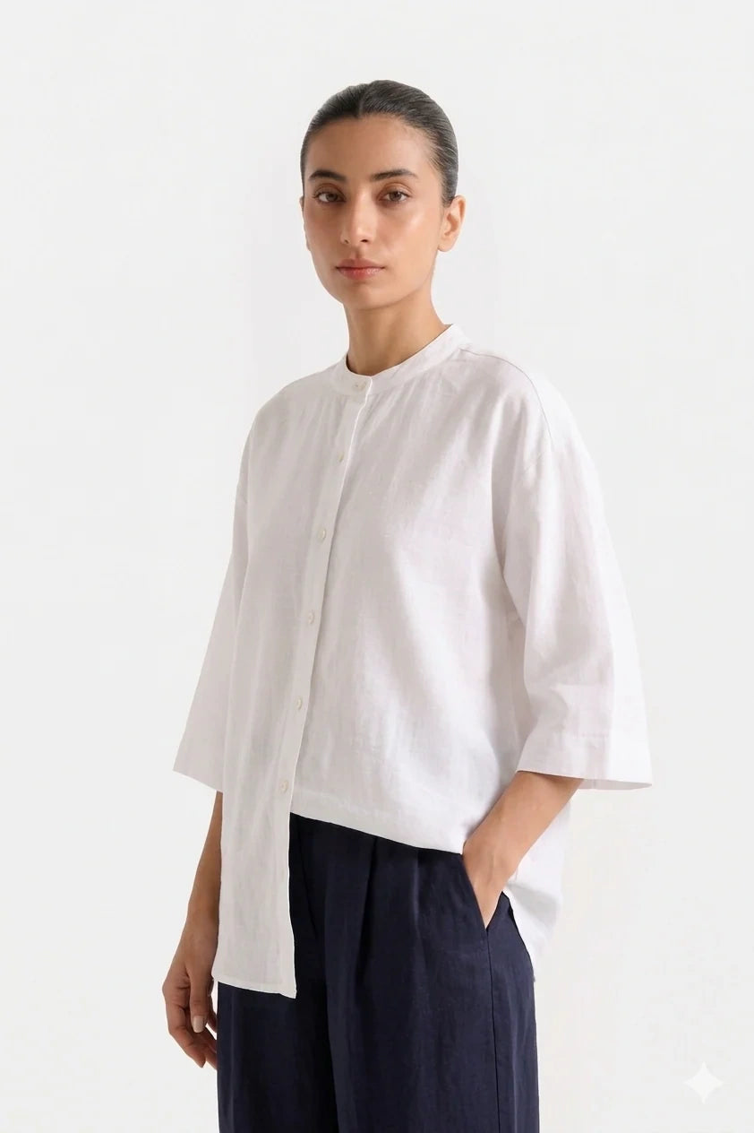 Band Collar Relaxed Fit Shirt - Off White