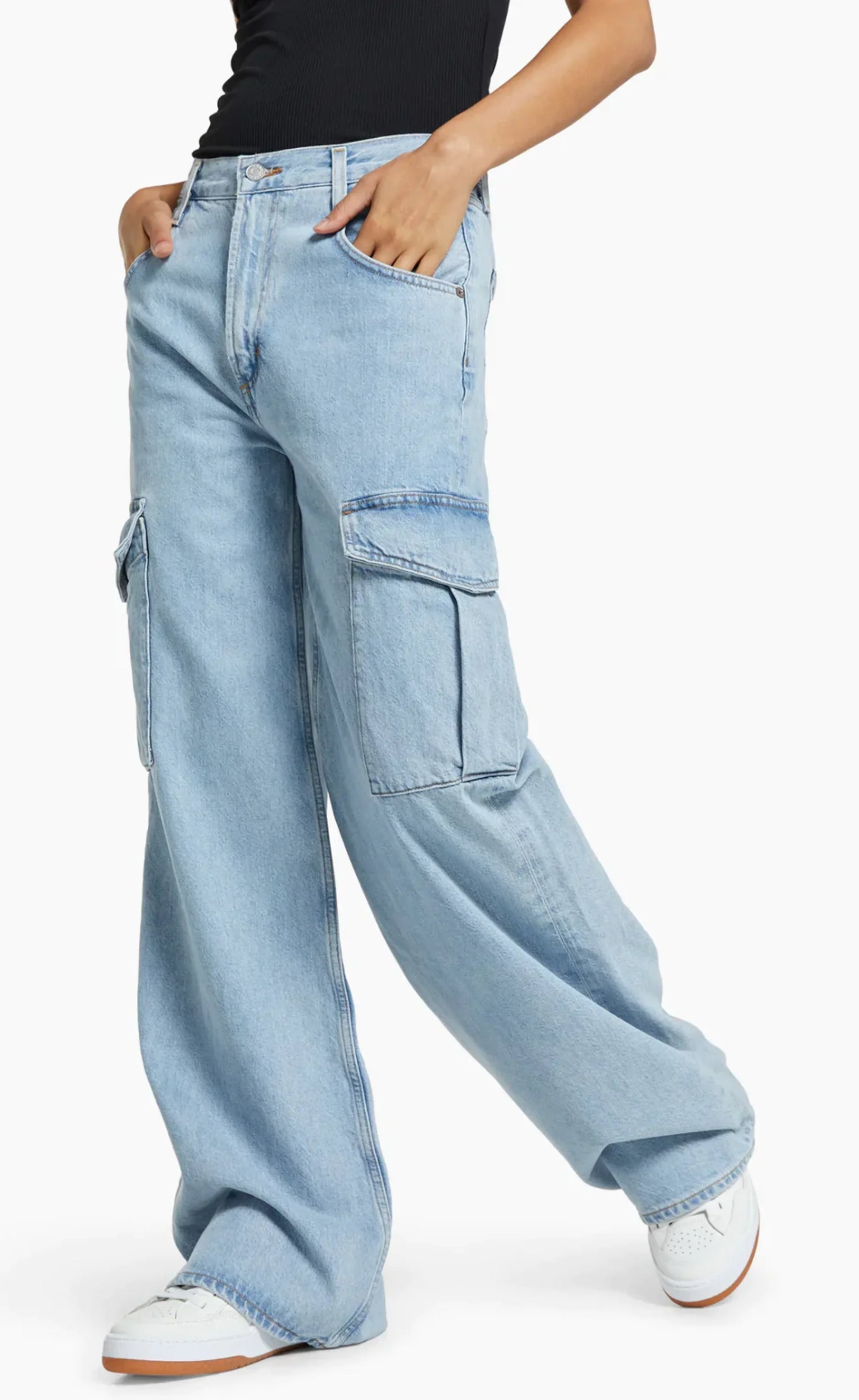 Ice Blue Cargo High-Waist Wide-Leg Jeans