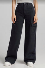 PURE BLACK WIDE LEG CARGO JEANS