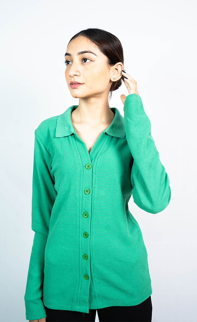 Button Up Ribbed Knit Shirt - Green (Full Sleeves)