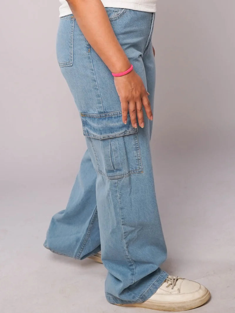 D600 - Ice Blue High Waist Wide Leg Cargo Jeans