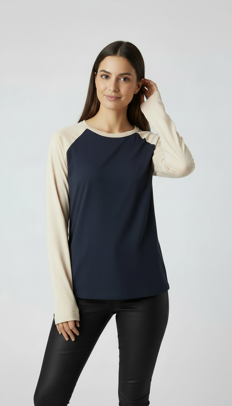 Contrast Raglan Sleeve Top | Blue/Beige