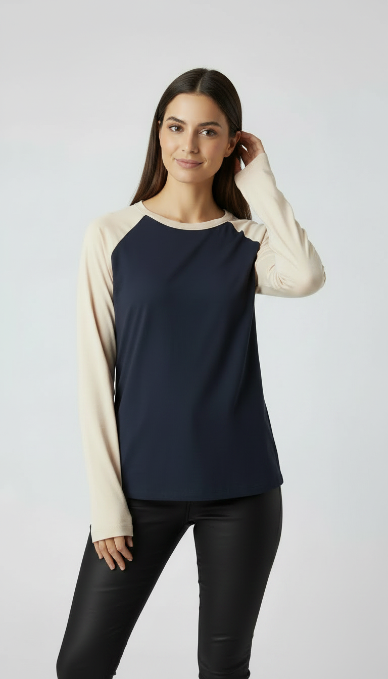 Contrast Raglan Sleeve Top | Blue/Beige