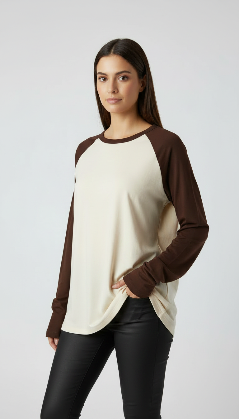 Contrast Raglan Sleeve Top | Beige/Brown