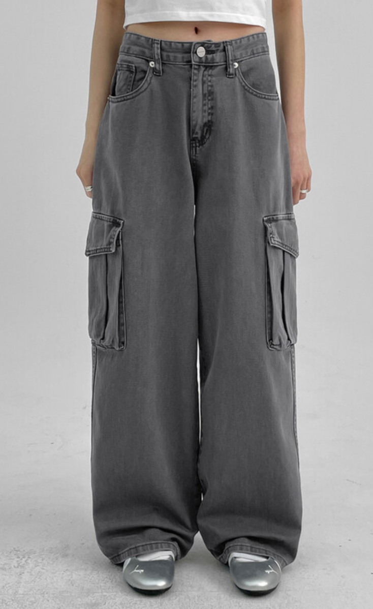 ZARA Cargo High-Waist Wide-Leg Jeans - Vintage Grey